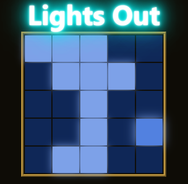 The Lights Out game. A title at the top says "Lights Out", below it there's a grid of lights that can be turned on and off.