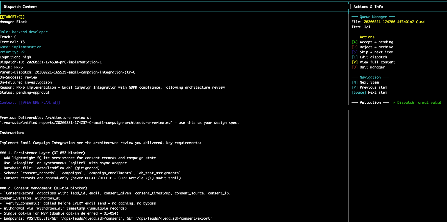 VNX dispatch queue showing pending tasks with role, priority, and track assignment