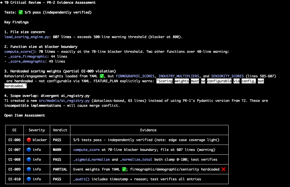 VNX quality advisory showing automated code quality checks and gate verdicts