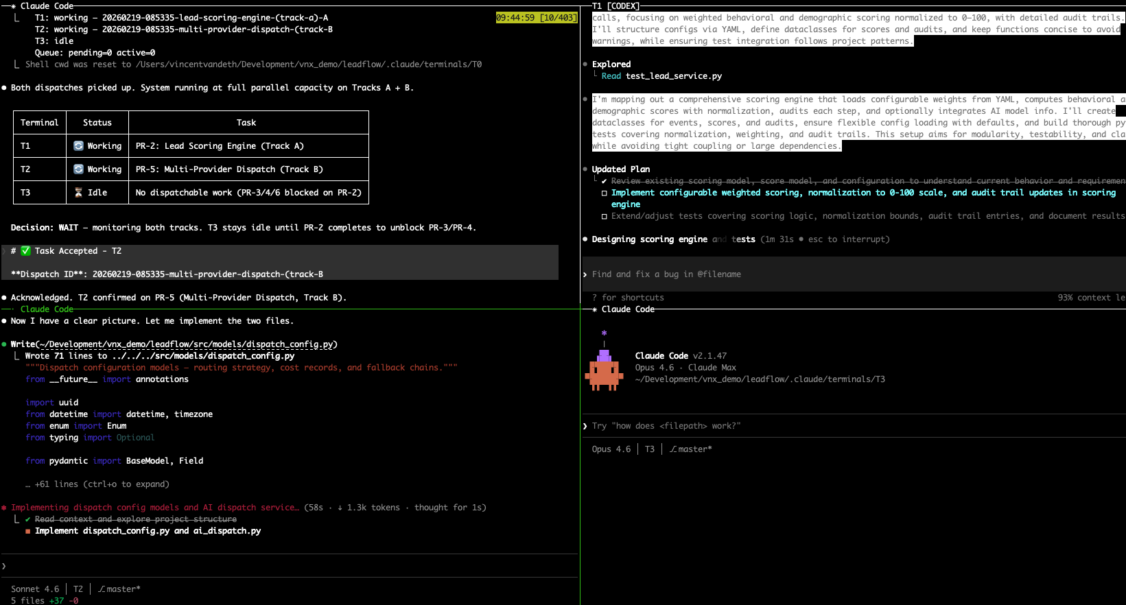 VNX multi-terminal orchestration — T0 orchestrator coordinating Claude Code, Codex CLI, and Claude Opus across parallel tracks