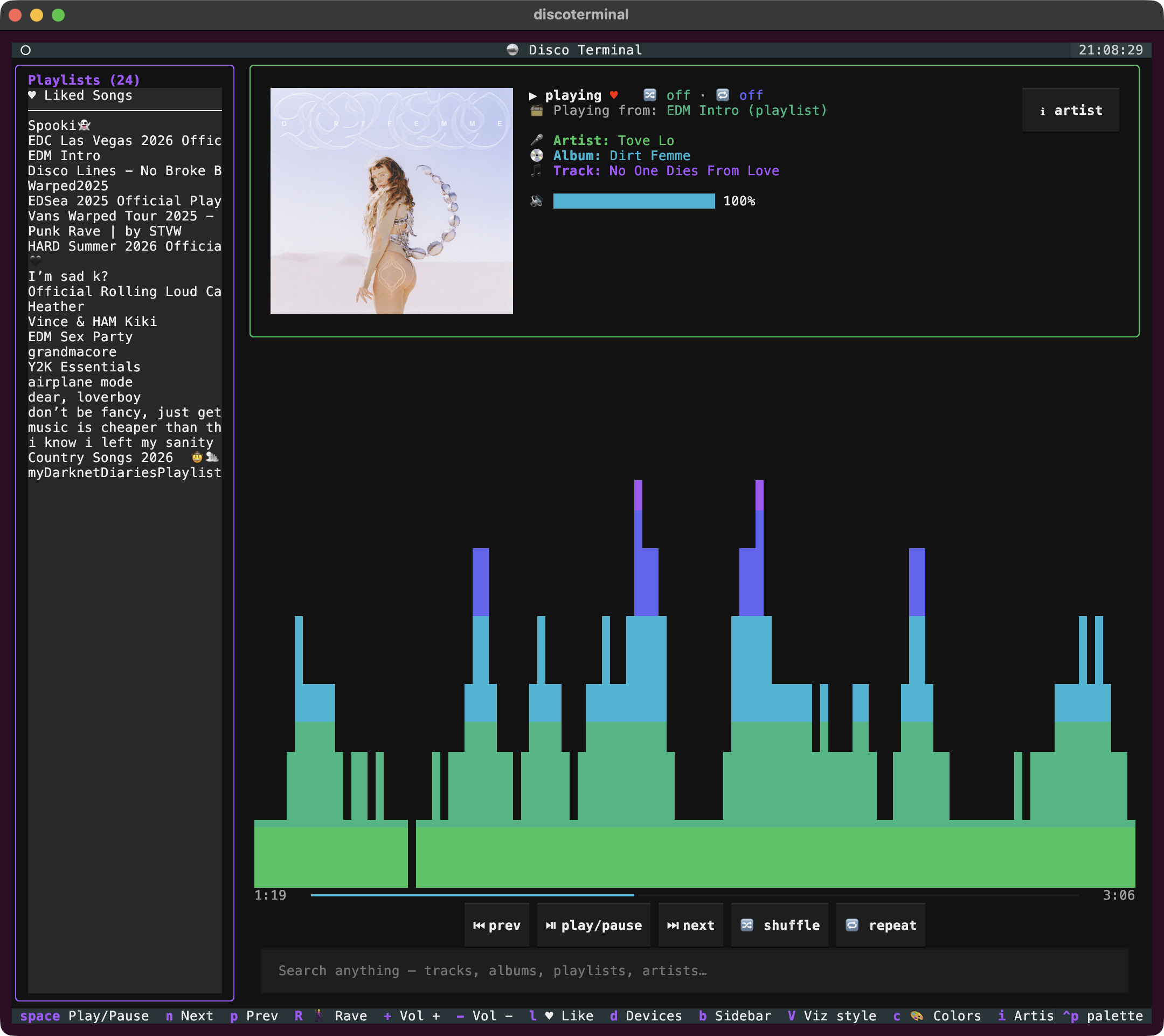 Disco Terminal — now playing with live visualizer