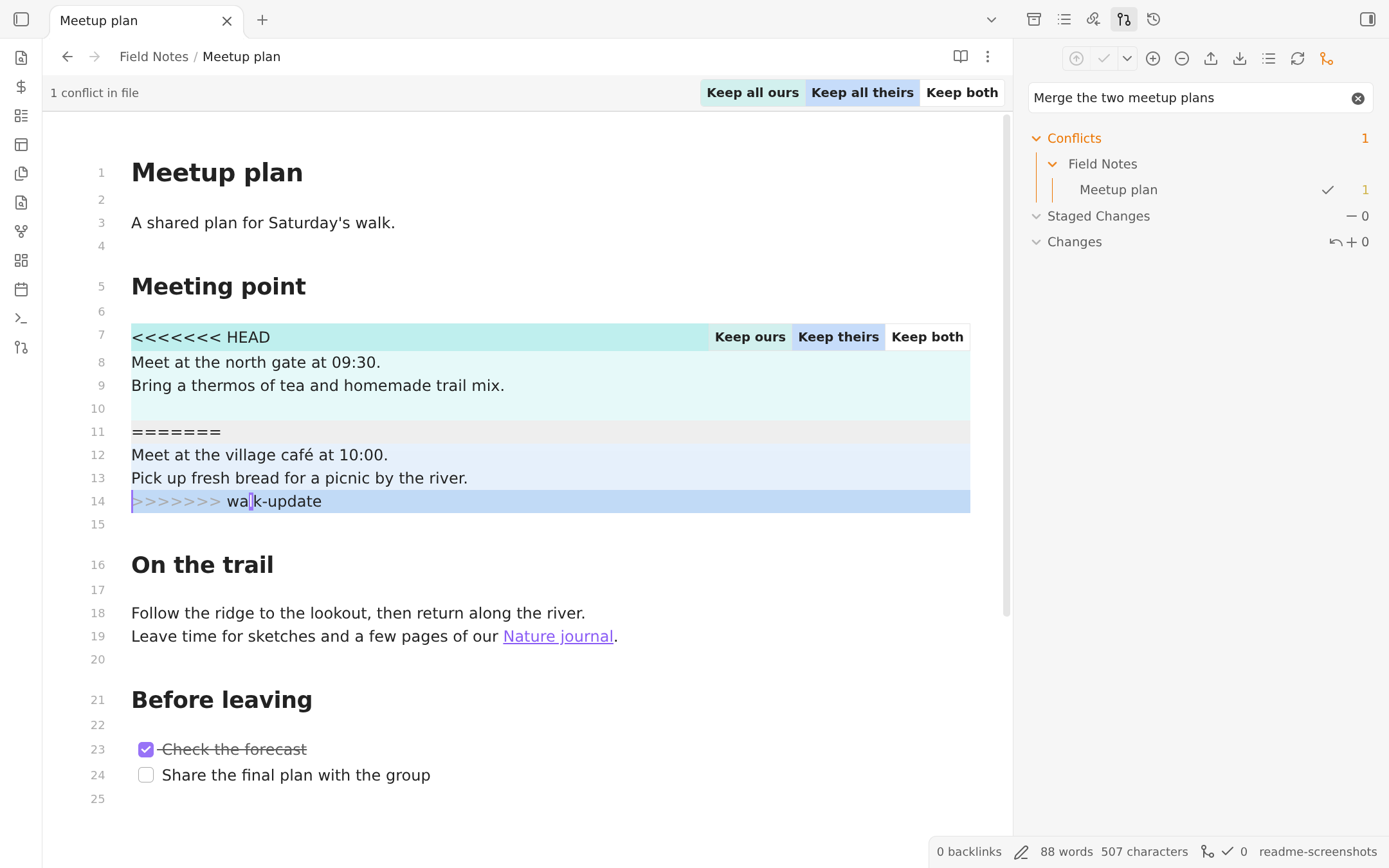 Conflict resolution in Live Preview, with local and incoming changes and the Source Control conflict list