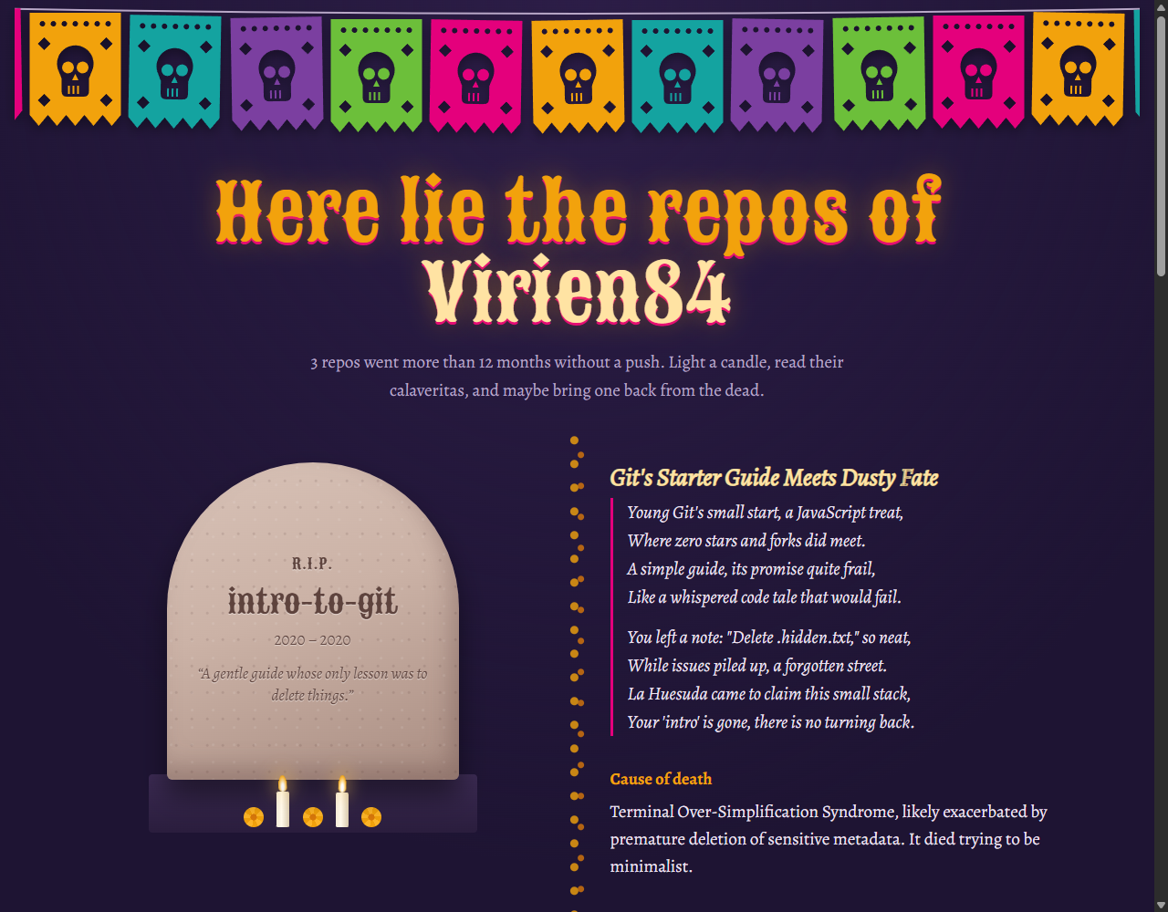 The cemetery: papel picado, a cantera tombstone with candles, and a calaverita next to it