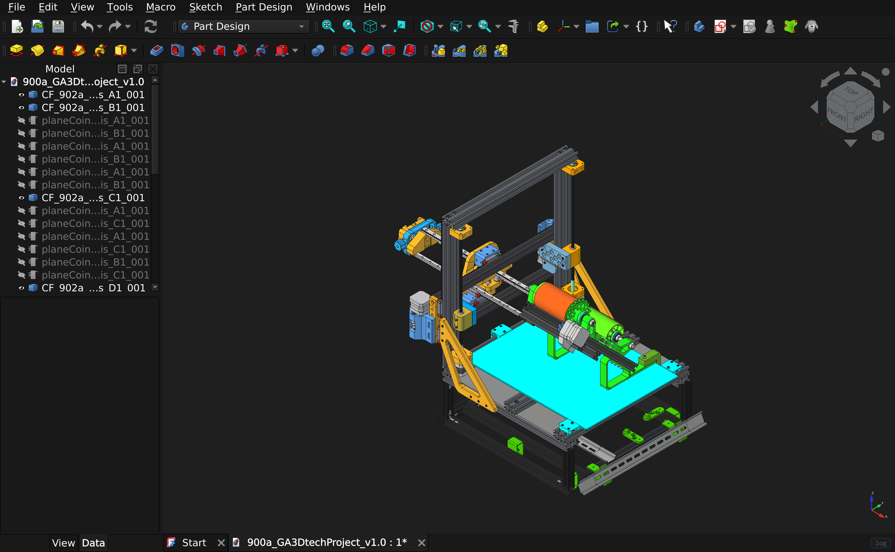 A 42 MB 3D printer assembly open in freecad-web