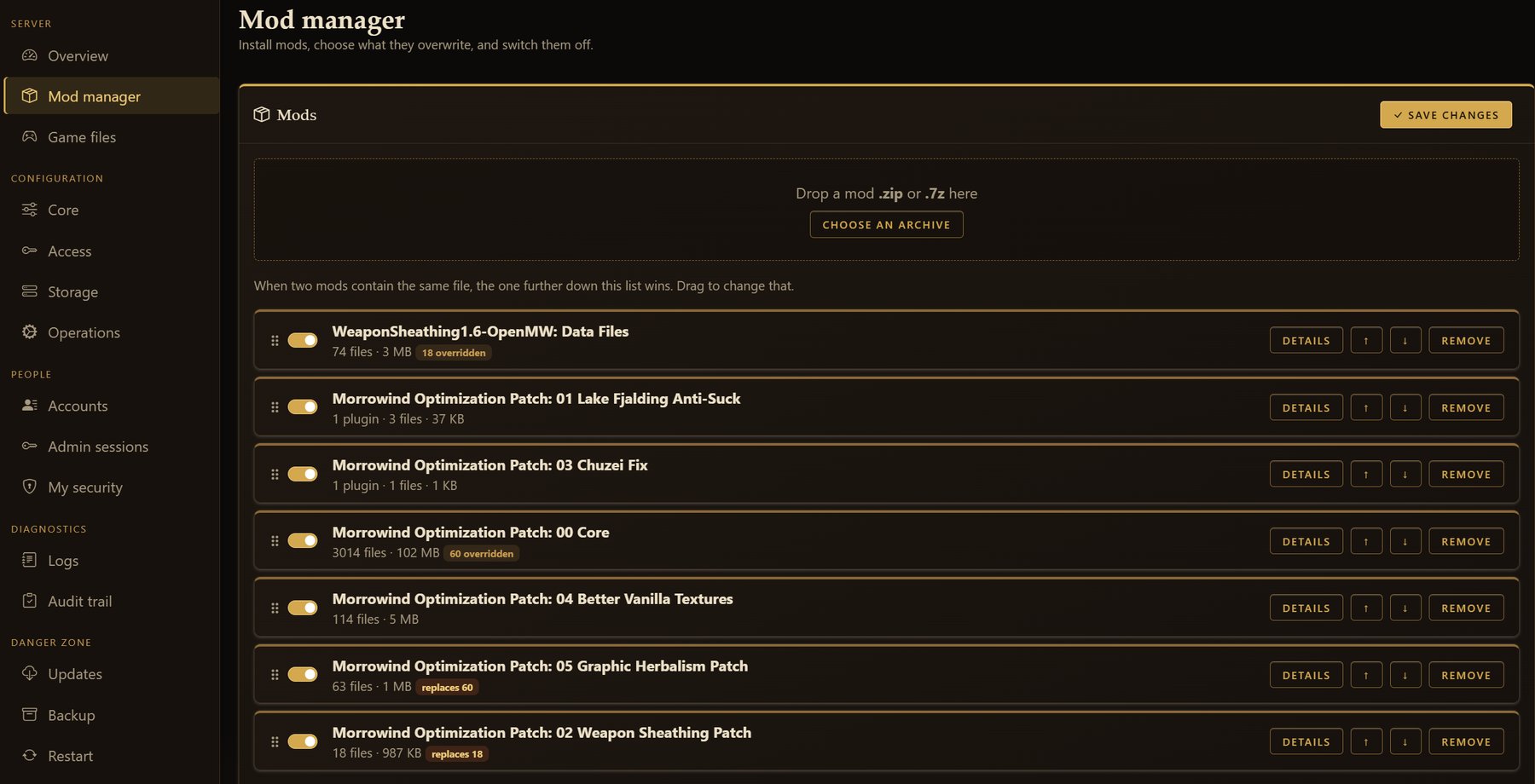 The admin dashboard's mod manager: the Morrowind Optimization Patch installed as six orderable parts alongside Weapon Sheathing, each with a toggle, drag handle, and badges showing which files it replaces or has overridden