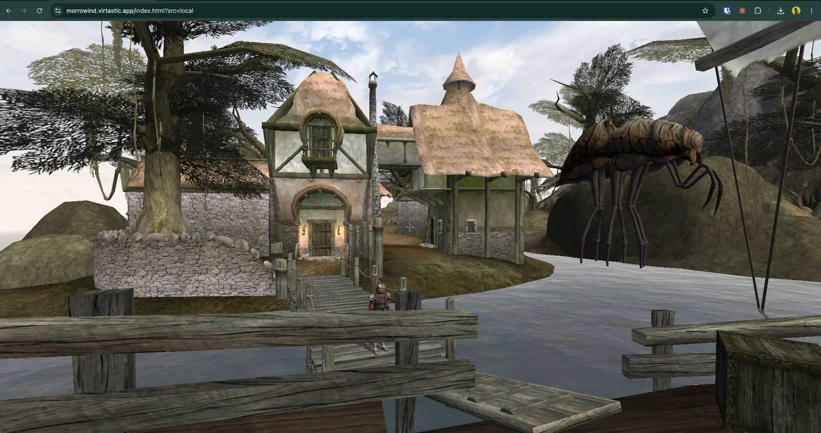 Morrowind running in a desktop Chrome tab at morrowind.virtastic.app: the opening town of Seyda Neen, with the Census office, a silt strider, and the player on the dock