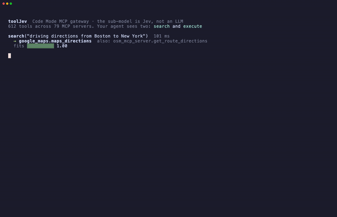 toolJev: search over 612 MCP tools, then 400 support tickets routed in one execute call