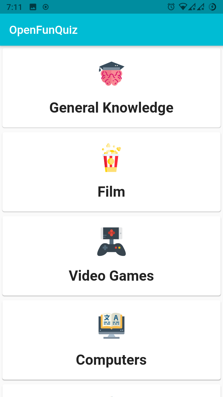 OpenFunQuiz app categories screen