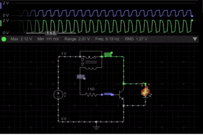 Animated Joule Thief Circuit Simulation showing transistor switching and LED operation