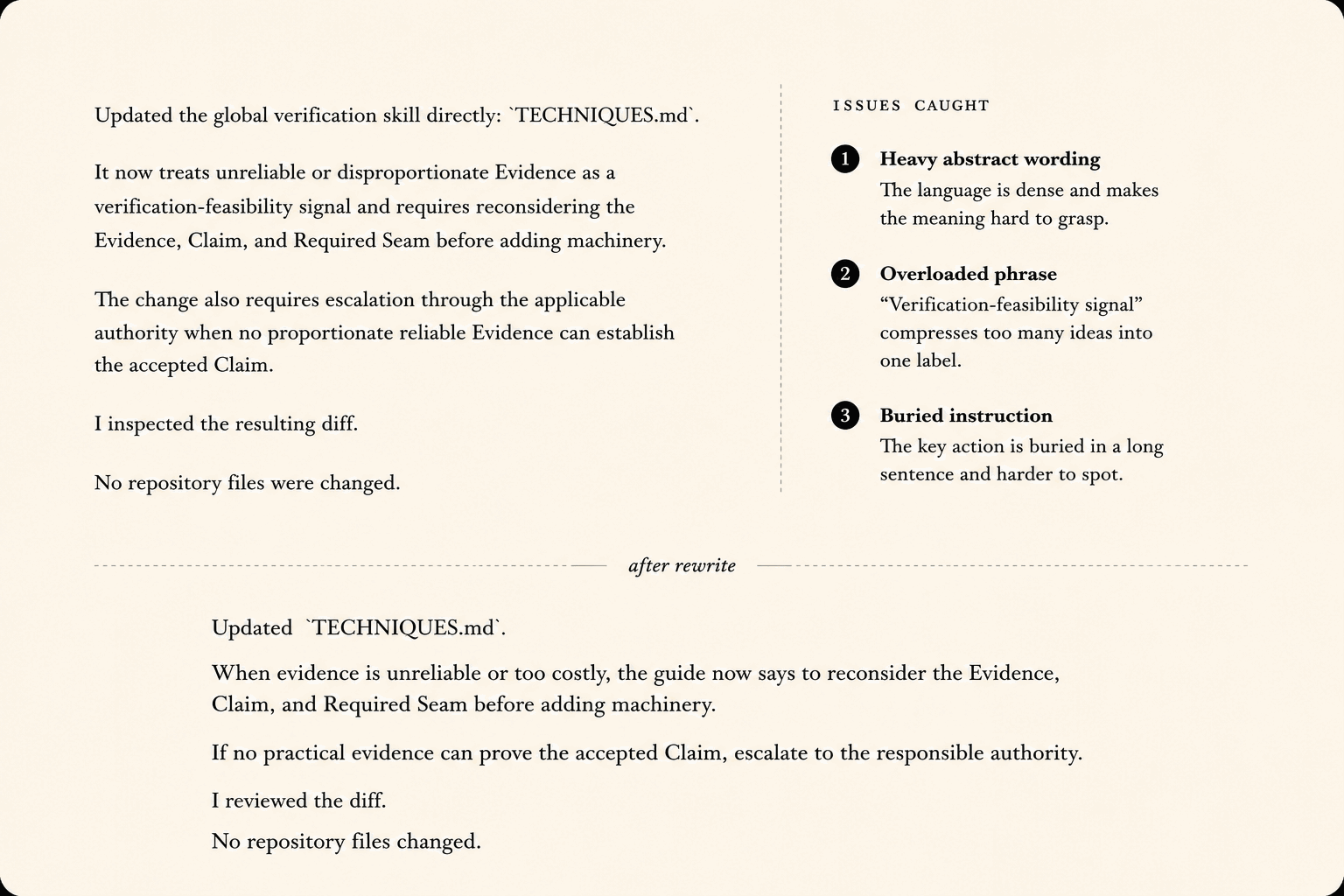 A real coding-agent response, the prose issues caught by nopus, and the clearer rewrite