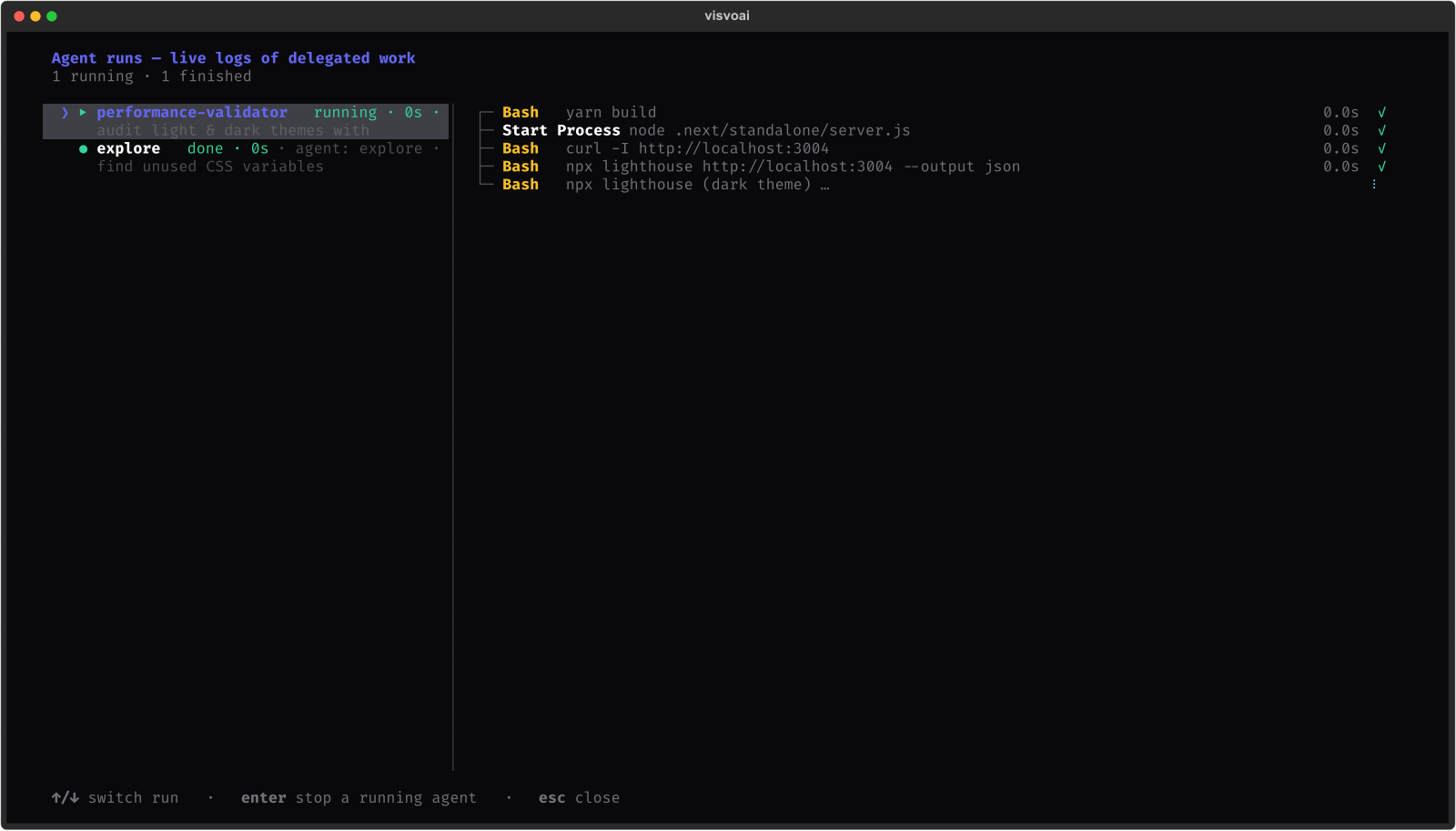 The /runs screen — every agent dispatch, live, with per-run logs and the ability to stop one without killing the parent turn