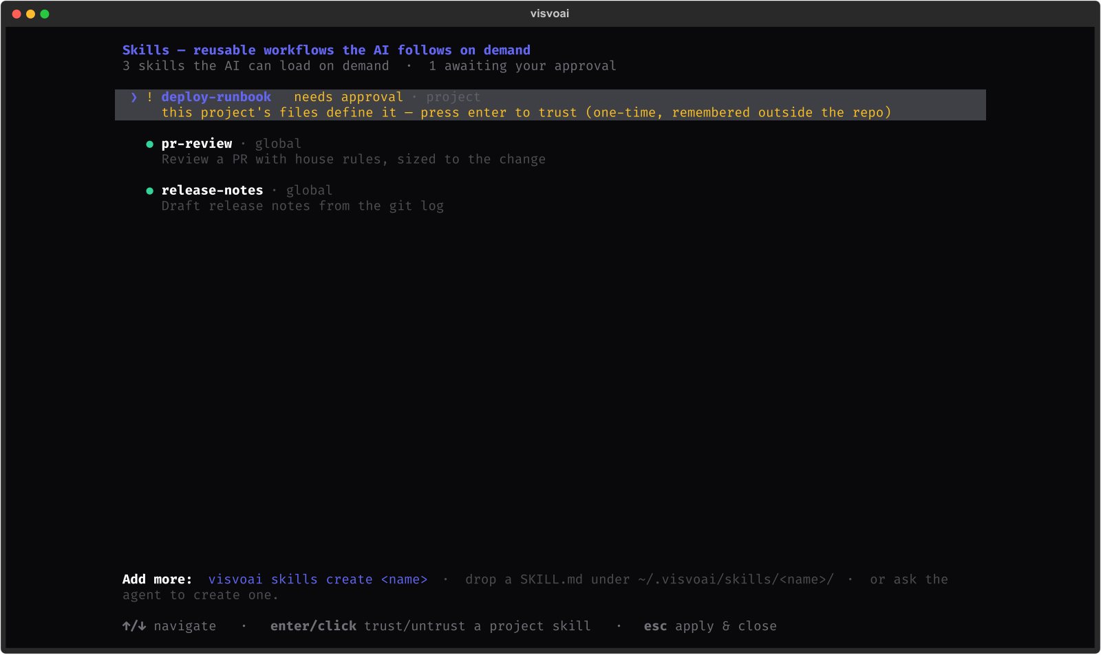 A project-defined skill awaiting its one-time trust approval before it can run