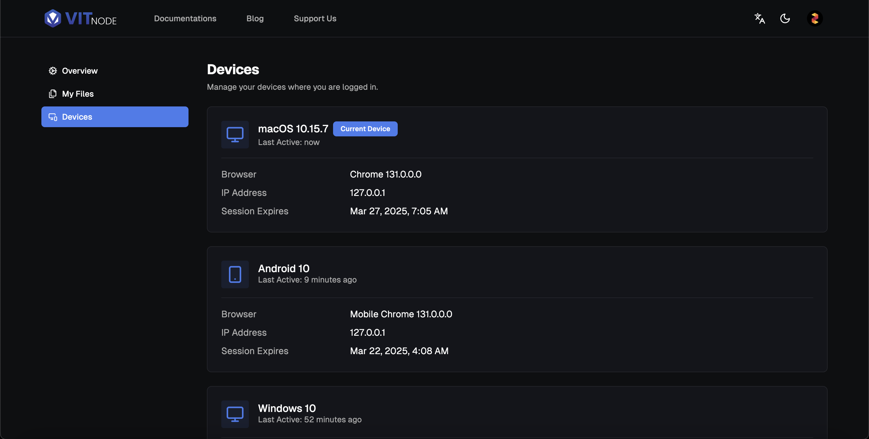 Devices manager in user settings