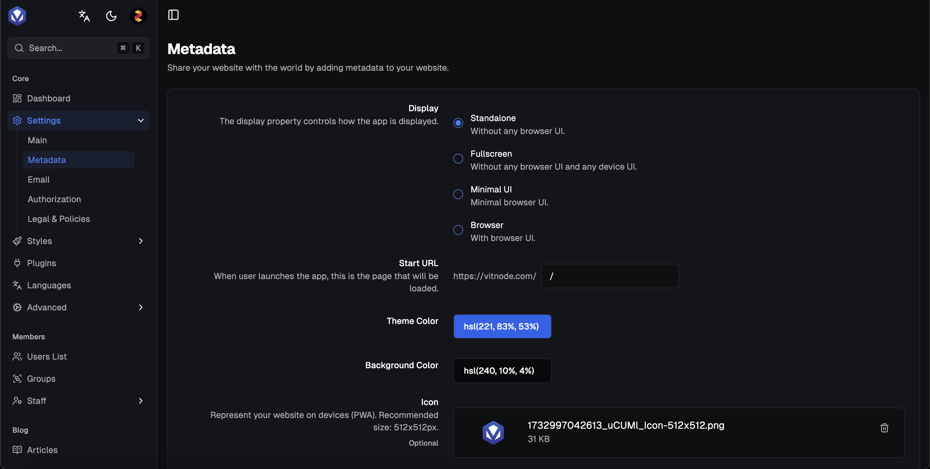 Metadata settings in Admin Control Panel