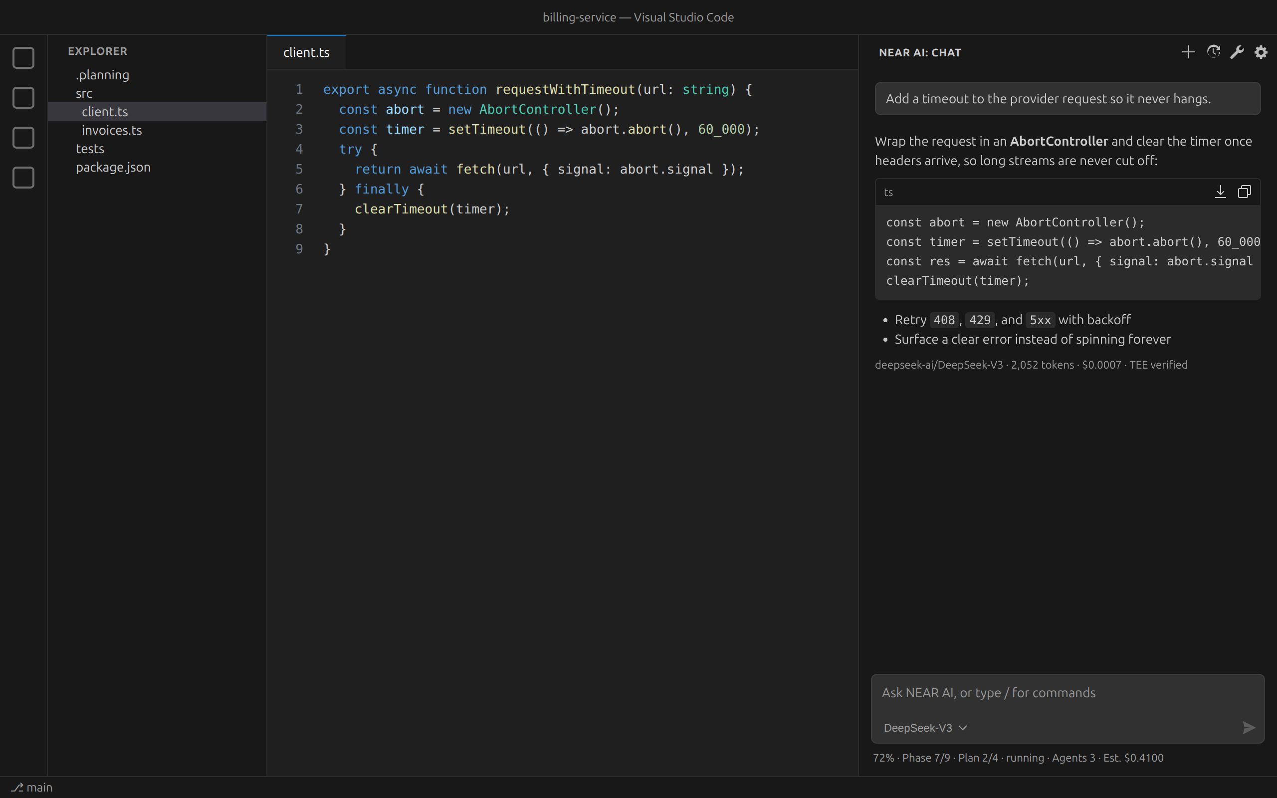 NEAR AI chat beside the editor in VS Code