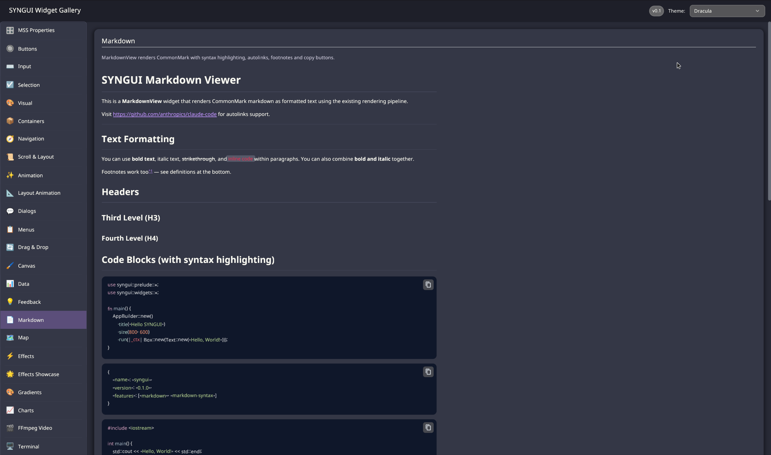 The widget_gallery_mss example running natively — MarkdownView with syntax highlighting, one of 110+ widgets