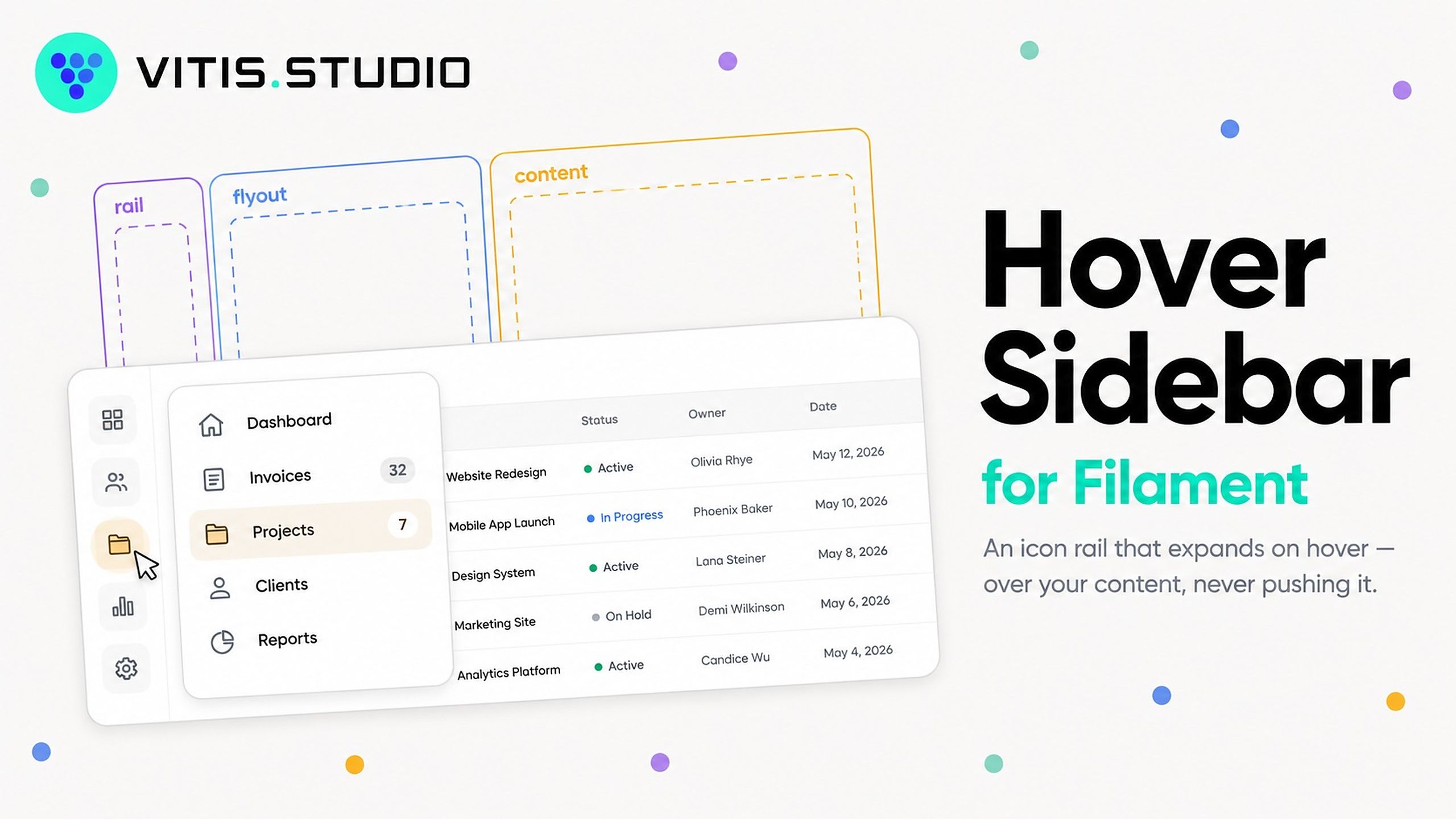 Hover Sidebar for Filament — an icon rail that expands on hover, over your content, never pushing it.