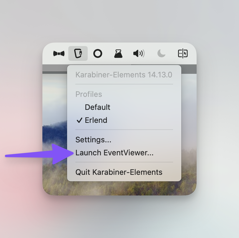 Click Karabiner in the menu bar, then "Launch EventViewer".