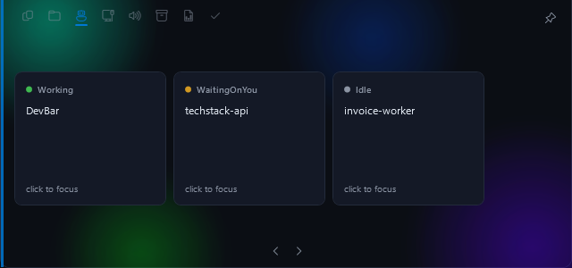 DevBar Claude Code module showing three sessions in different states