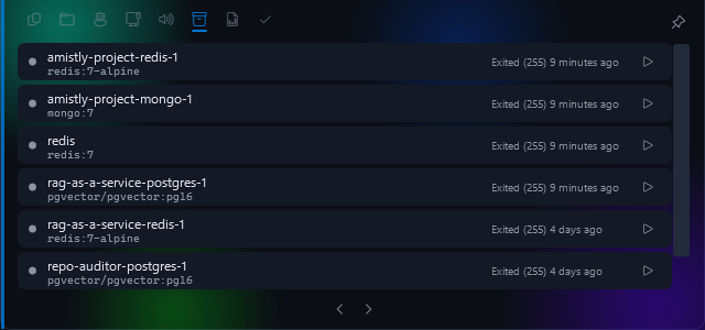 DevBar Docker module showing containers with start buttons