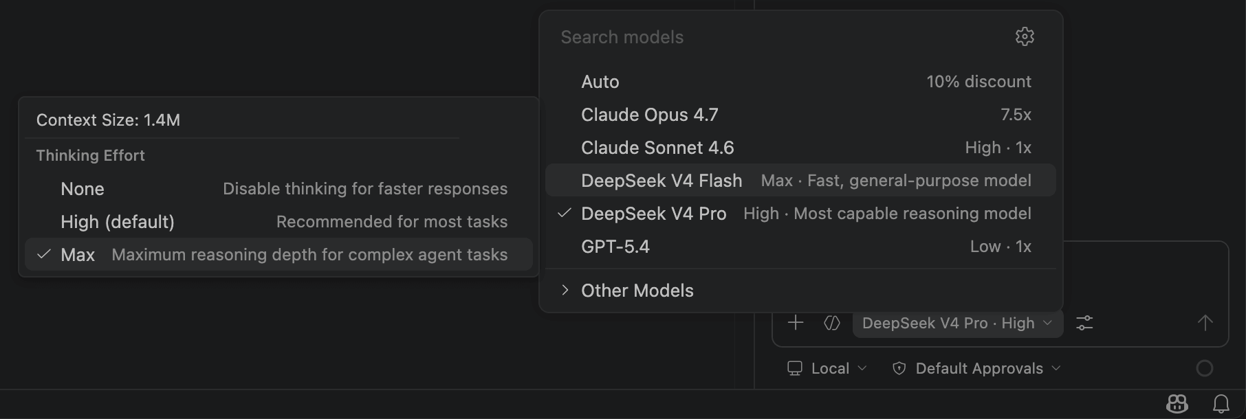 DeepSeek V4 Pro and Flash in the Copilot Chat model picker, with a per-model Thinking Effort dropdown