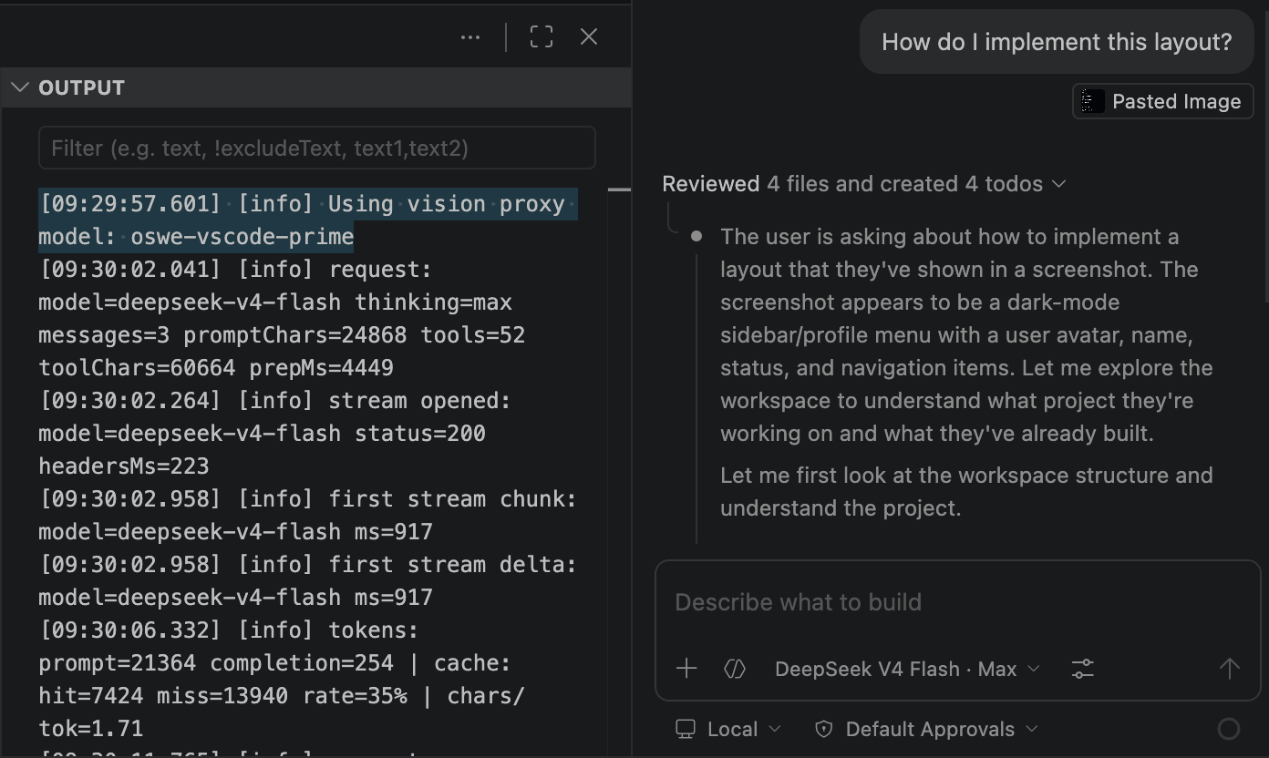 Dropping an image into Copilot Chat and DeepSeek responding to it via the vision proxy