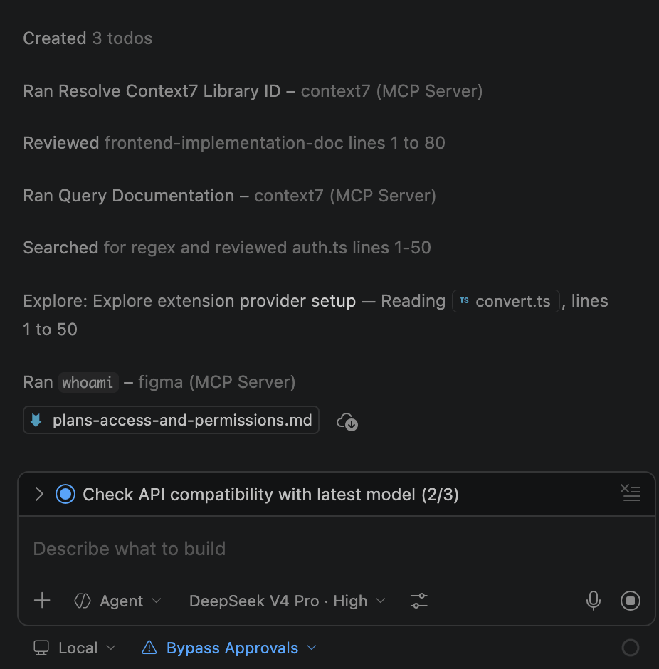DeepSeek V4 Pro running Copilot's agent mode with tool calls