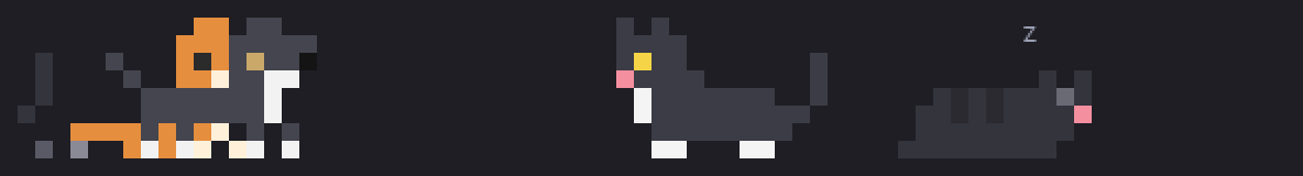 Pixel cats and dogs strolling, napping and sharing hearts above the prompt