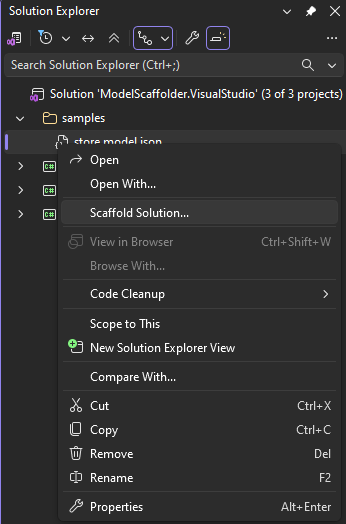 The Scaffold Solution command in the context menu of a .model.json file