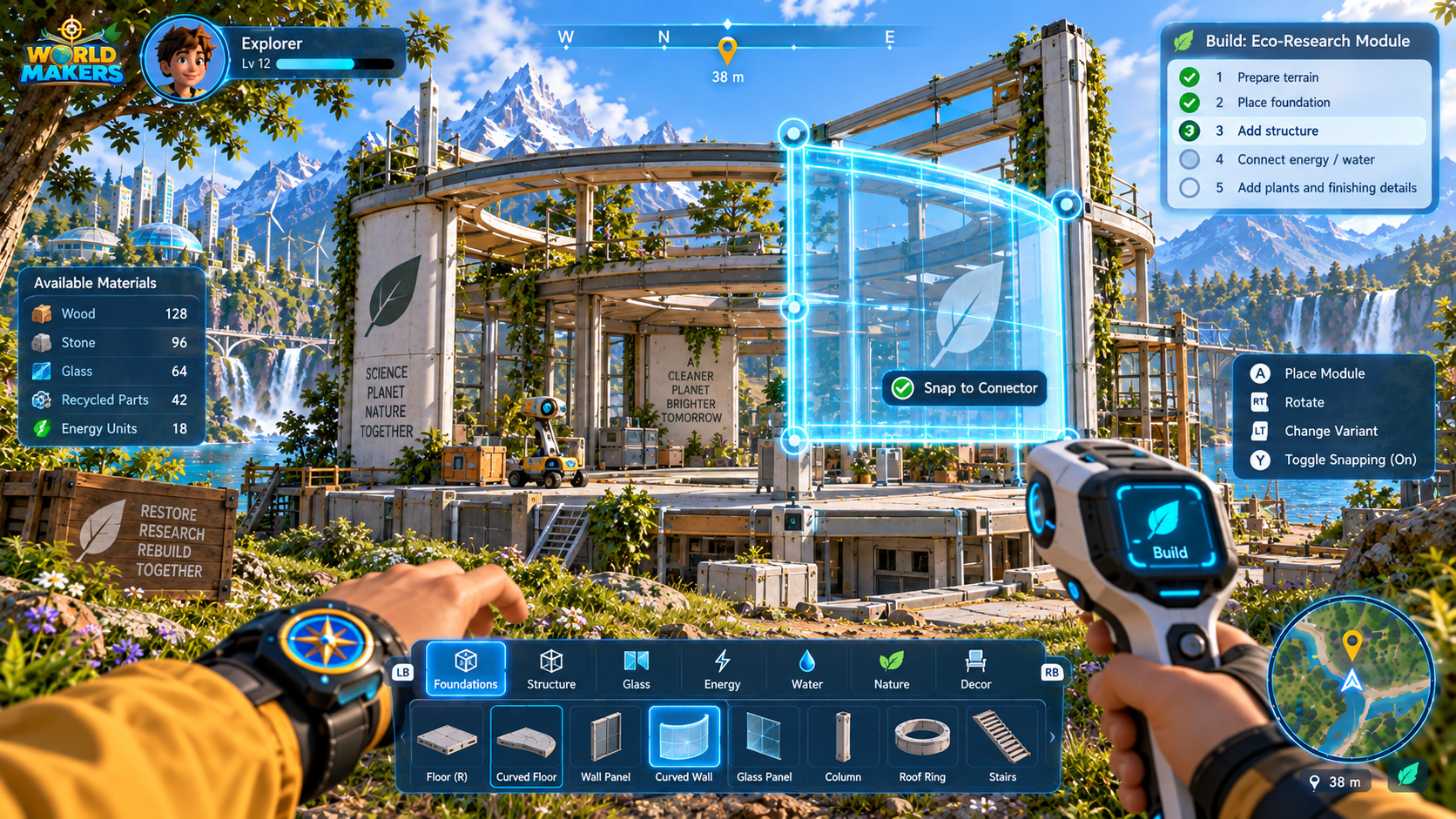 World Makers gameplay screenshot: first-person building of an eco-research module