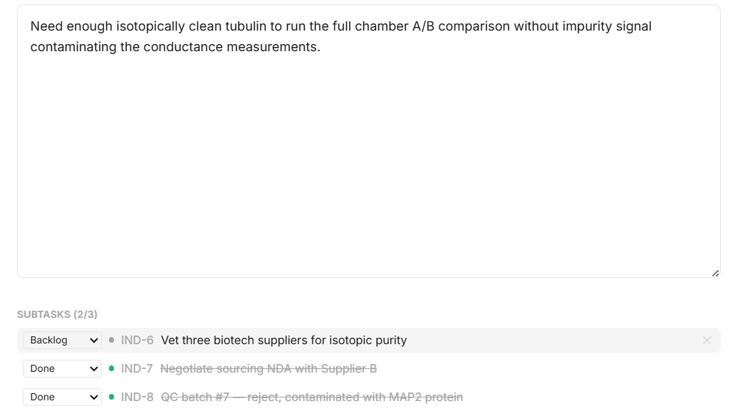 Subtasks — real entities with their own status, not a checklist