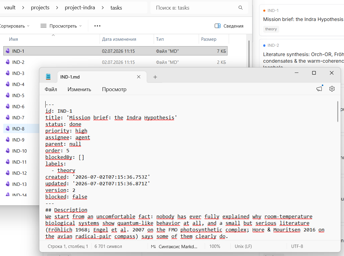Vault on disk — a task is a plain markdown file