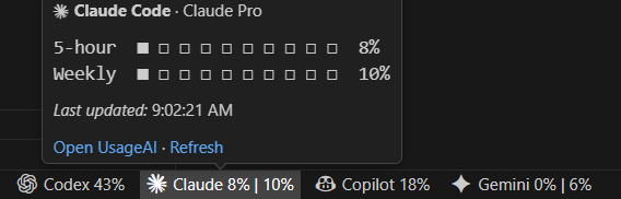 UsageAI provider readings in the Visual Studio Code Status Bar with the Claude Code usage details open