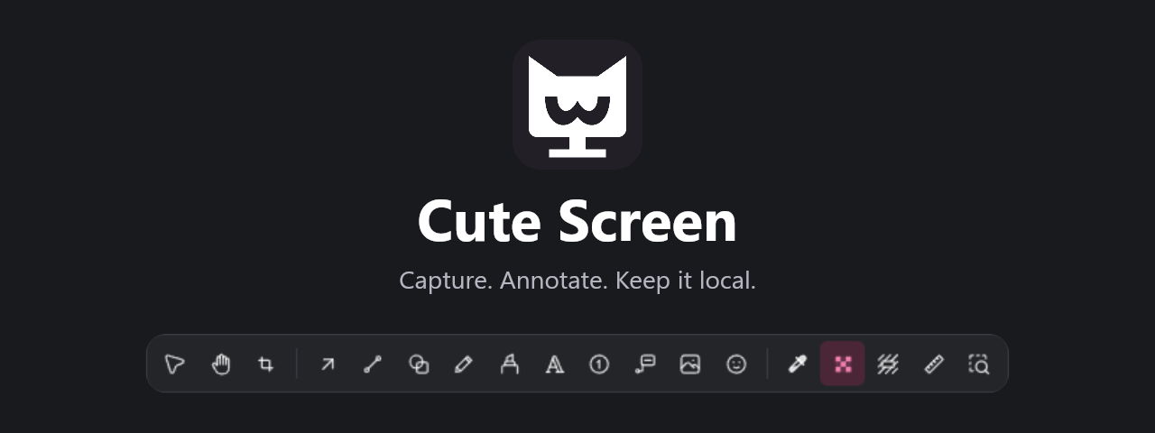 Cute Screen — cat-shaped monitor logo above the screenshot annotation toolbar