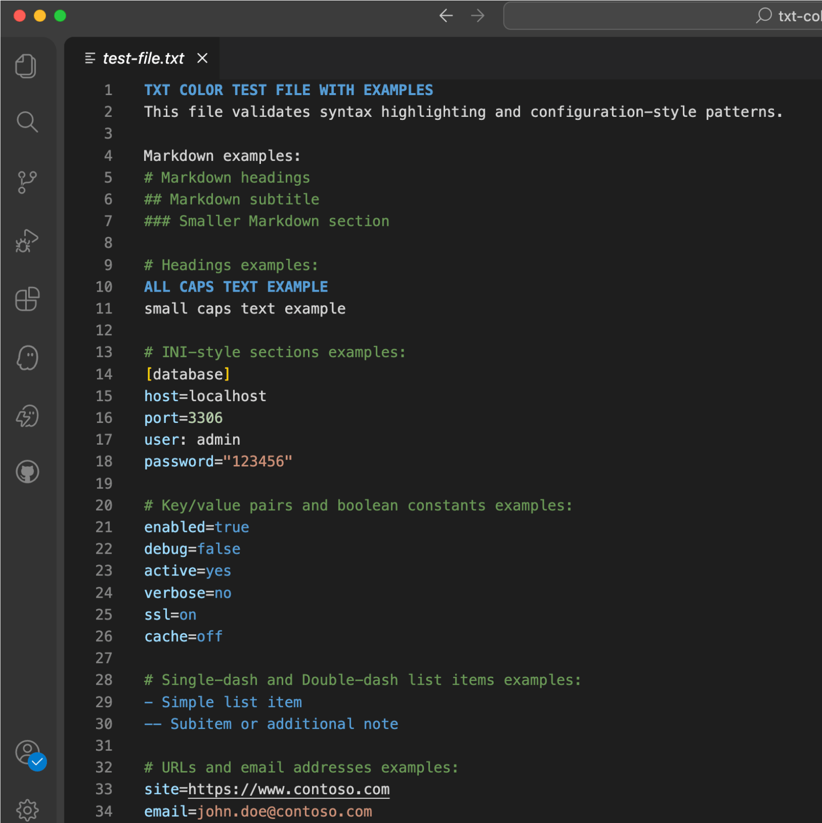 TXT Color applied to a TXT file using the Dark+ IDE theme