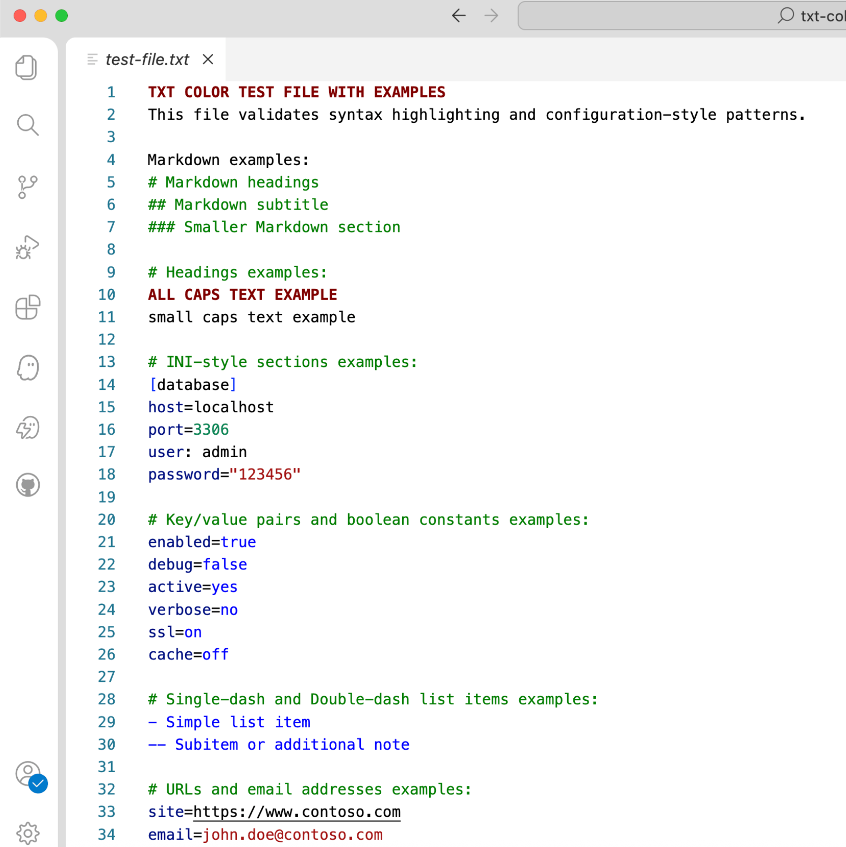 TXT Color applied to a TXT file using the Light+ IDE theme