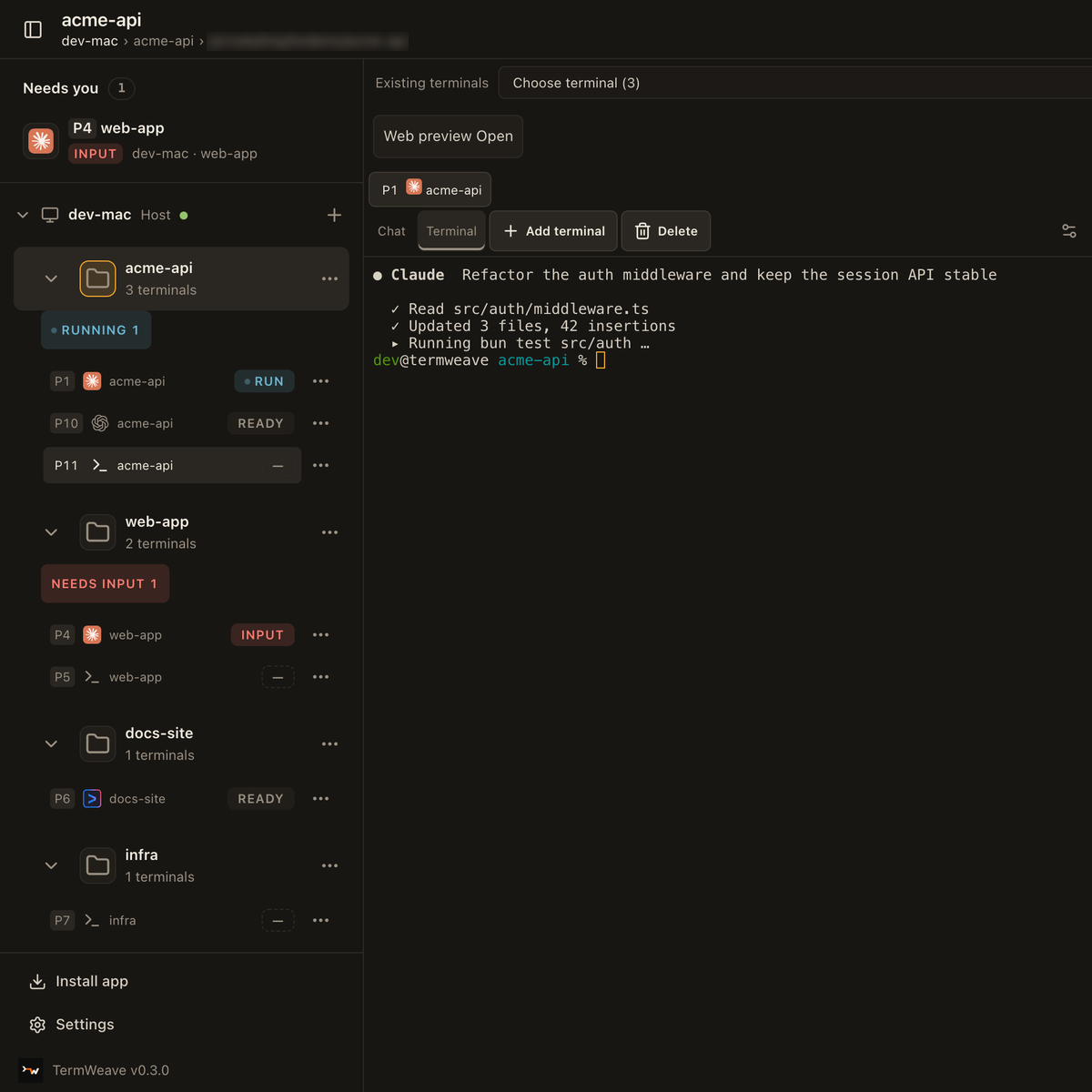 cmux-style workspaces with numbered, docked panes: real app screen, demo session with sample projects