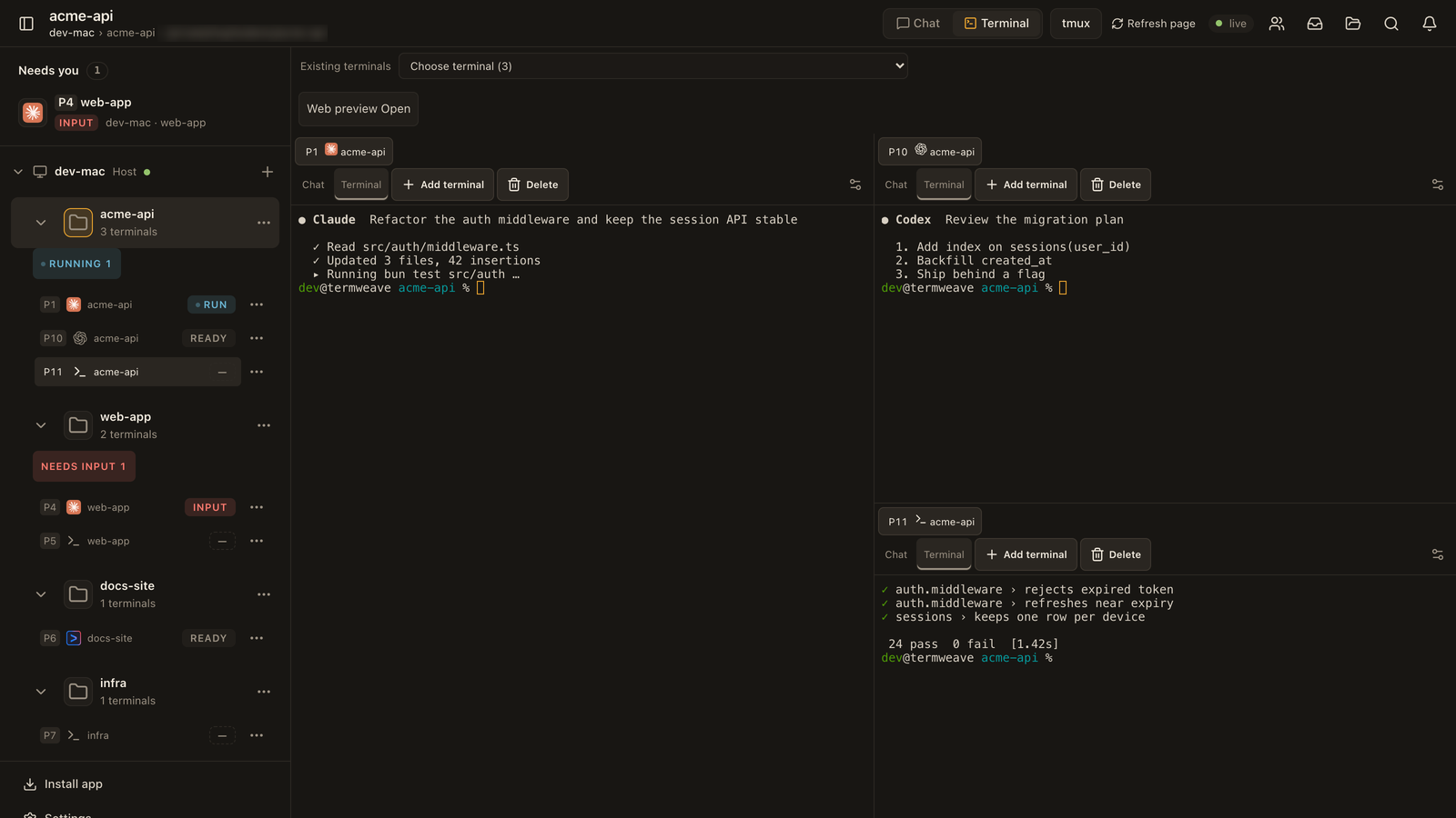 TermWeave: real app screen, demo session with sample projects