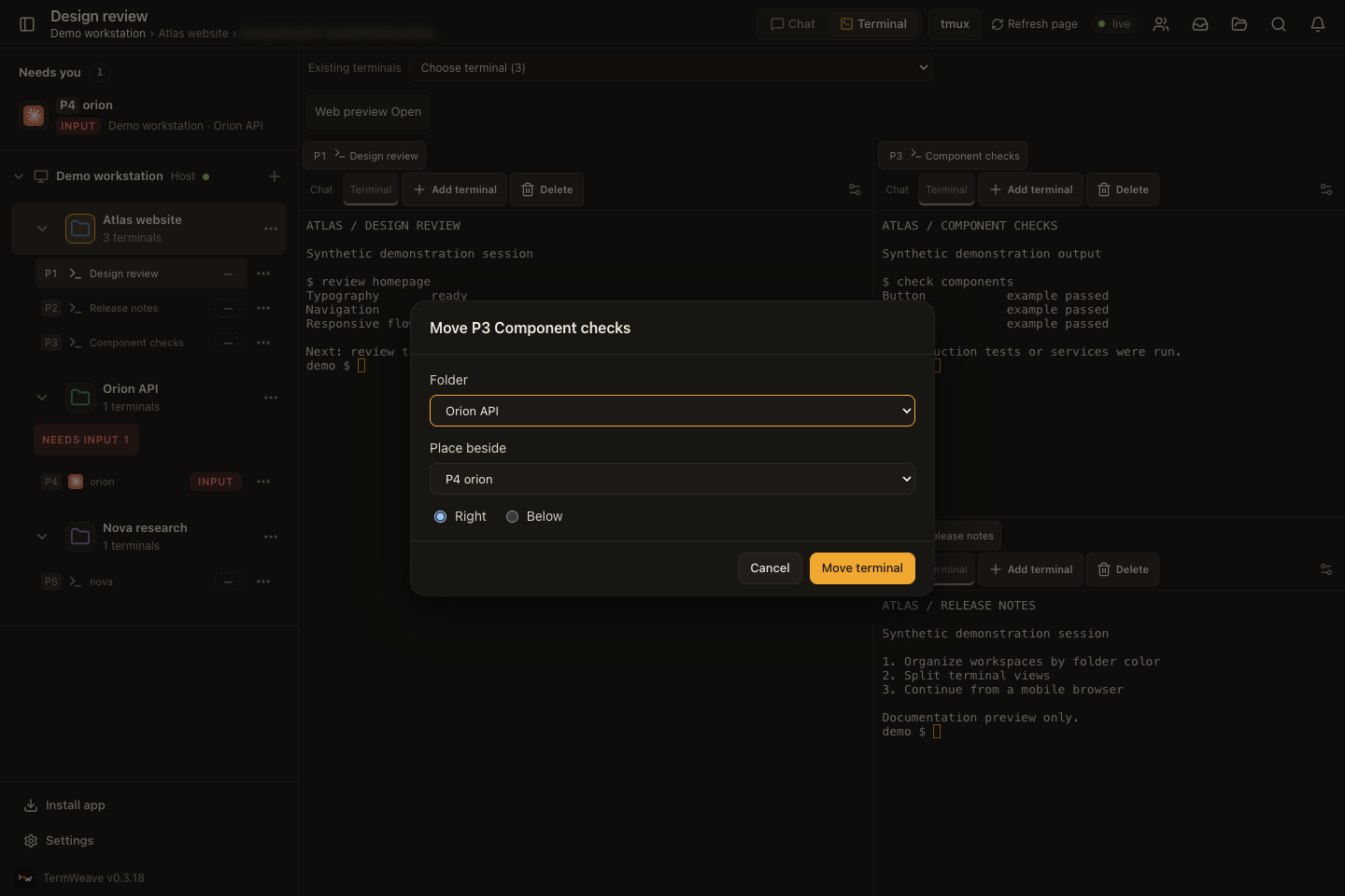 Move to dialog with folder, neighbor terminal and side: real app screen
