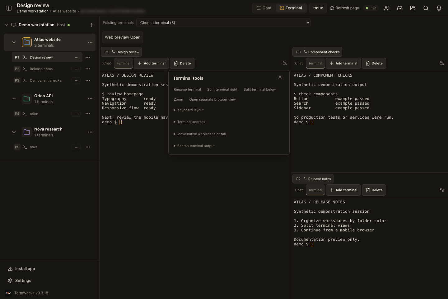 Terminal tools panel: real app screen