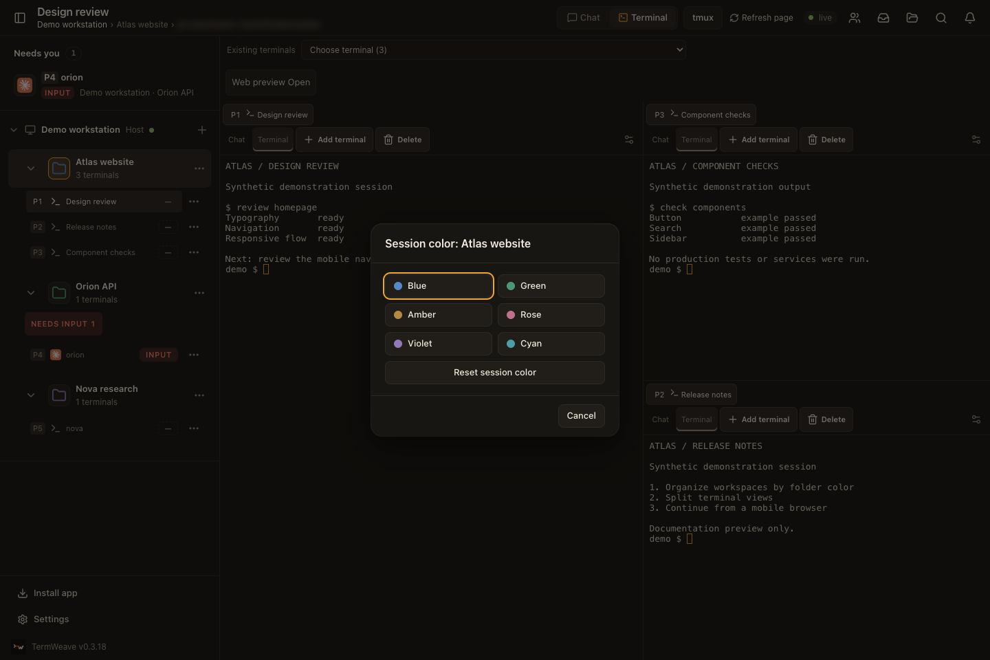 Workspace color dialog: real app screen