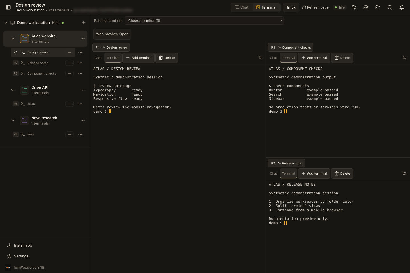 Three demo terminals split in one workspace: real app screen