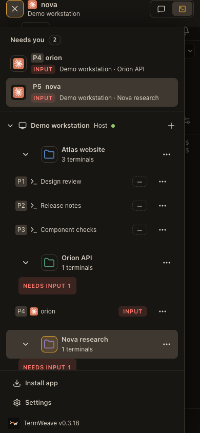 Workspace drawer on a 390 px wide screen: real app screen