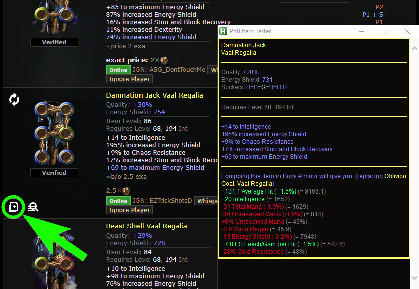 Screenshot of the item tester in action