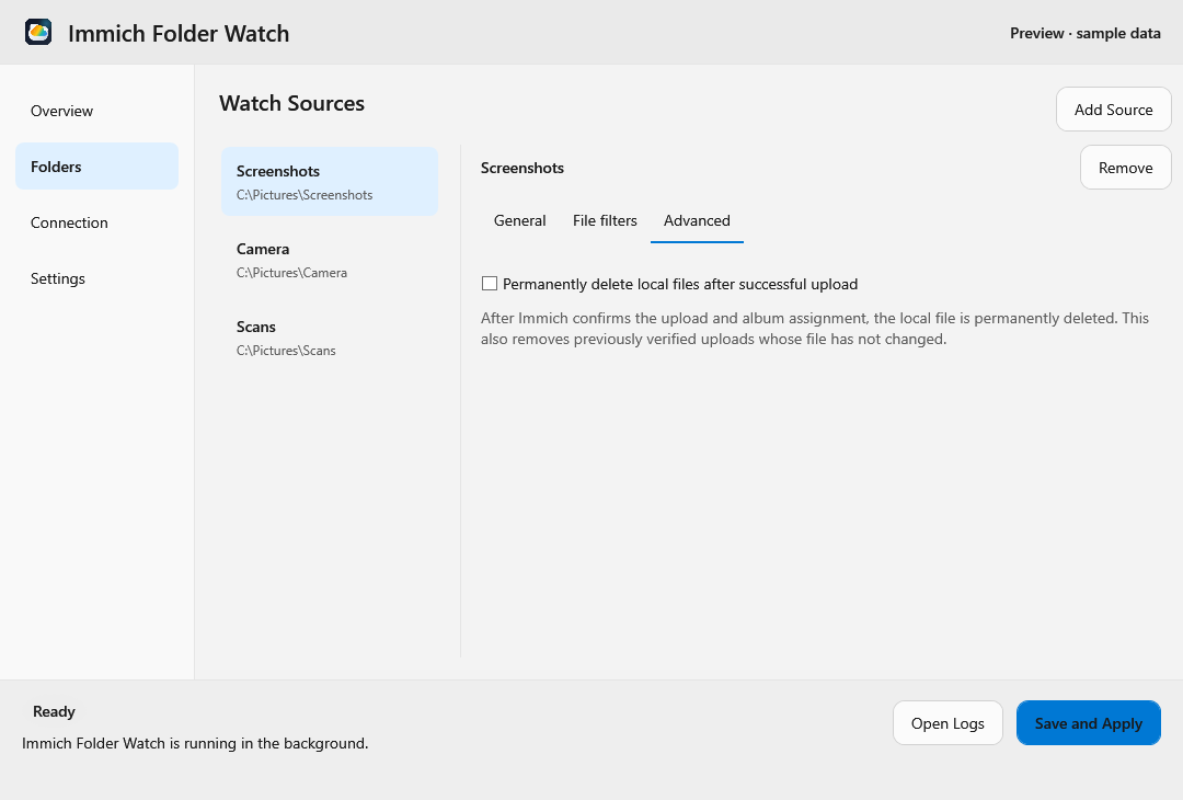 English Advanced tab showing the optional permanent deletion setting for uploaded local files.