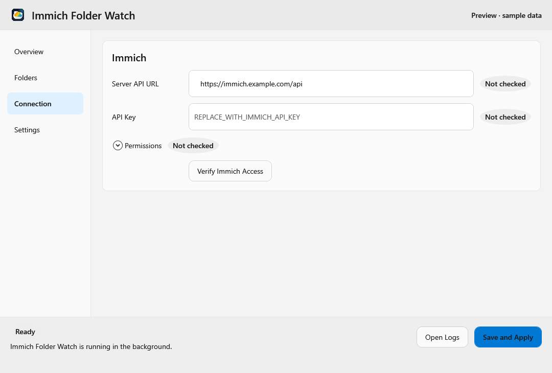 English Connection page with a sample API URL, API key field, and permission checks.