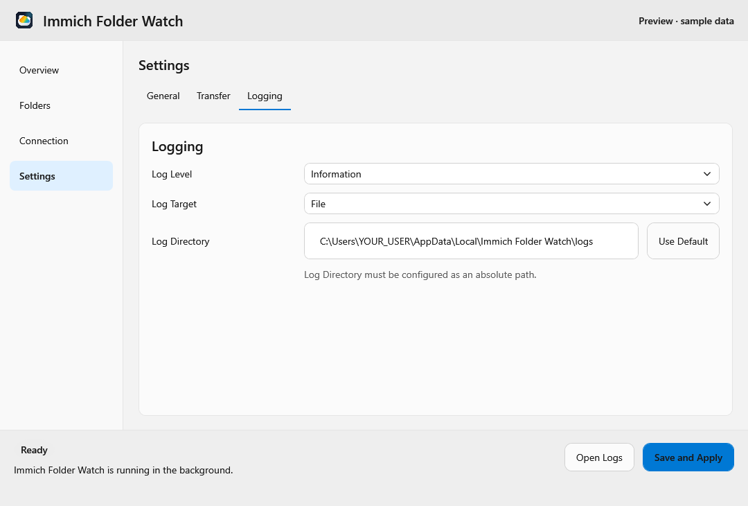 English Logging settings with log level, File target, log directory, and Use Default.