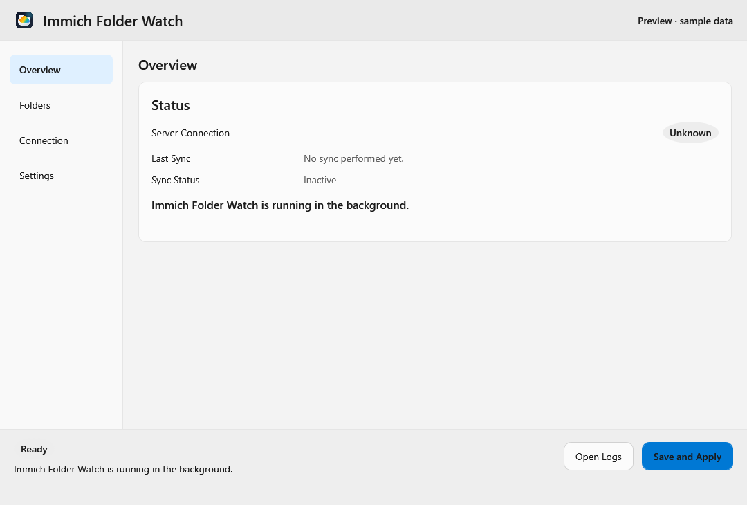 English Overview page showing server connection, last sync, and sync status.