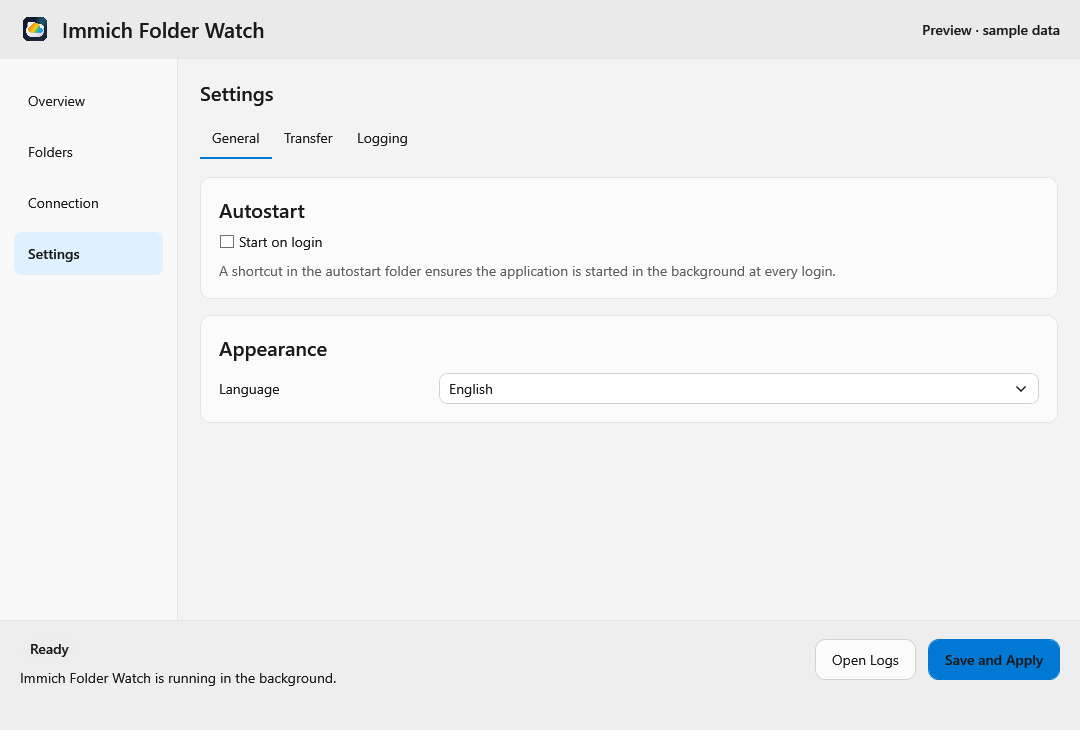English General settings with Start on login and the Language selector.
