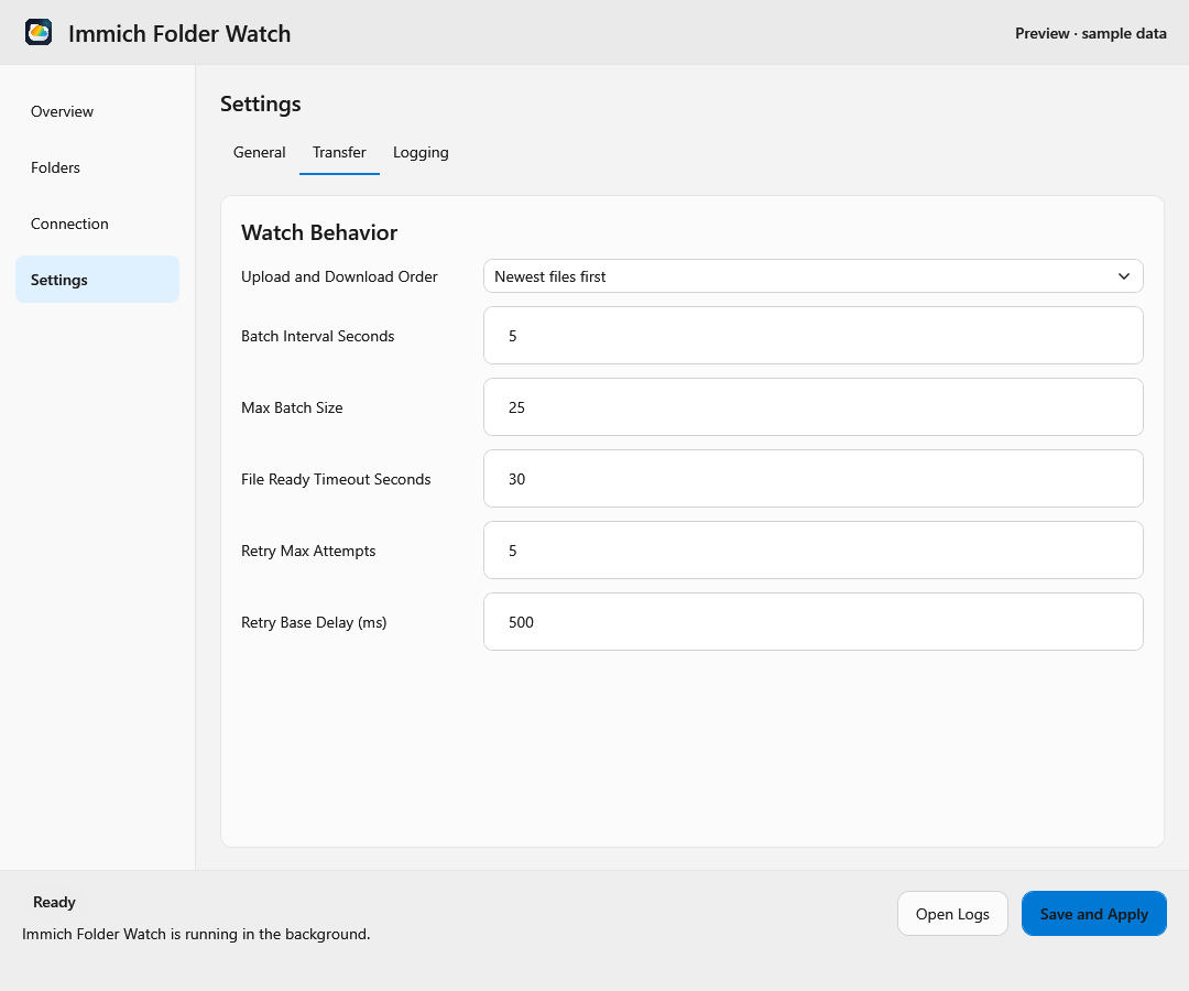 English Transfer settings with ordering, batch, readiness, and retry controls.